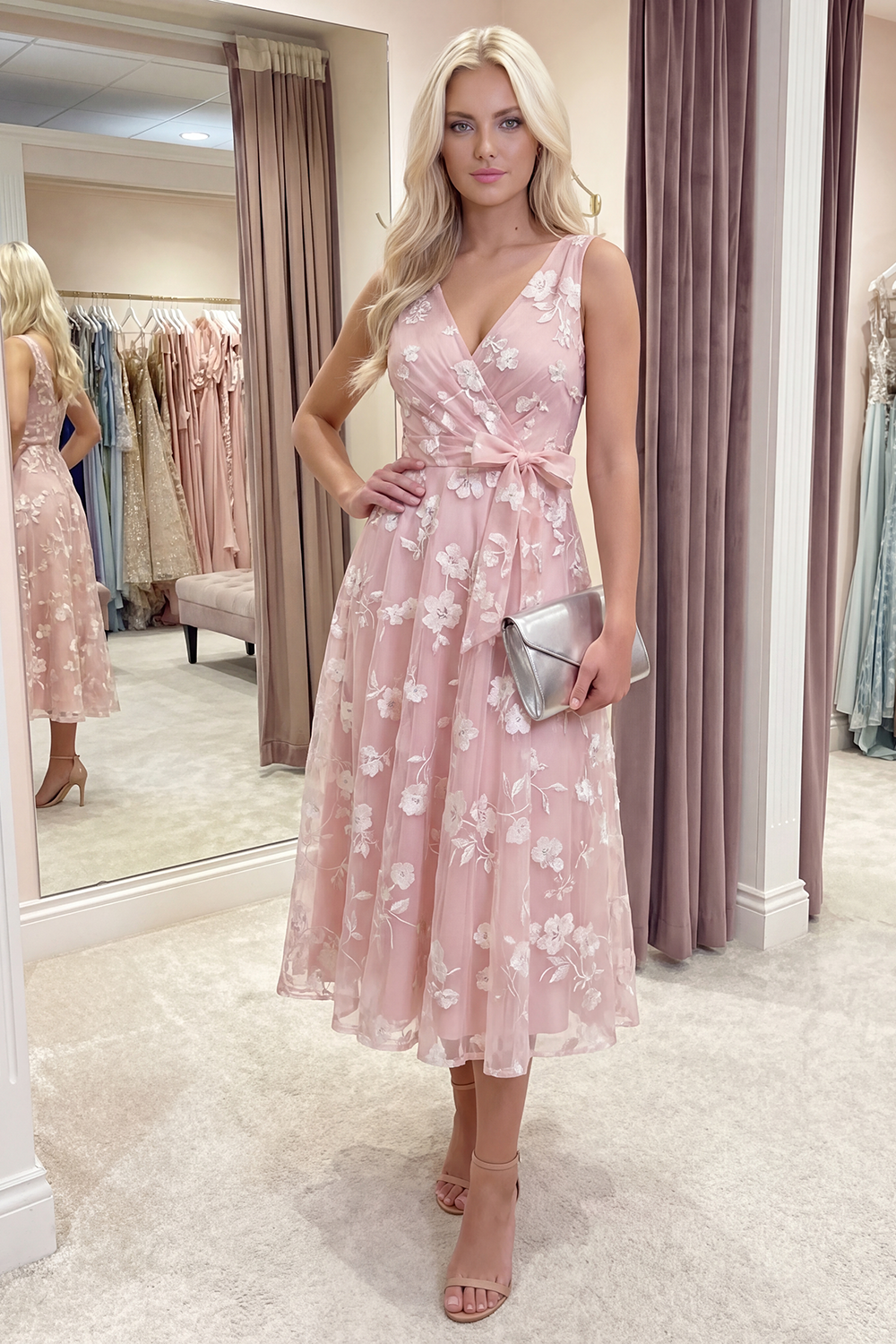 White A Line V-Neck Floral Ruched Long Prom Dress with Bow