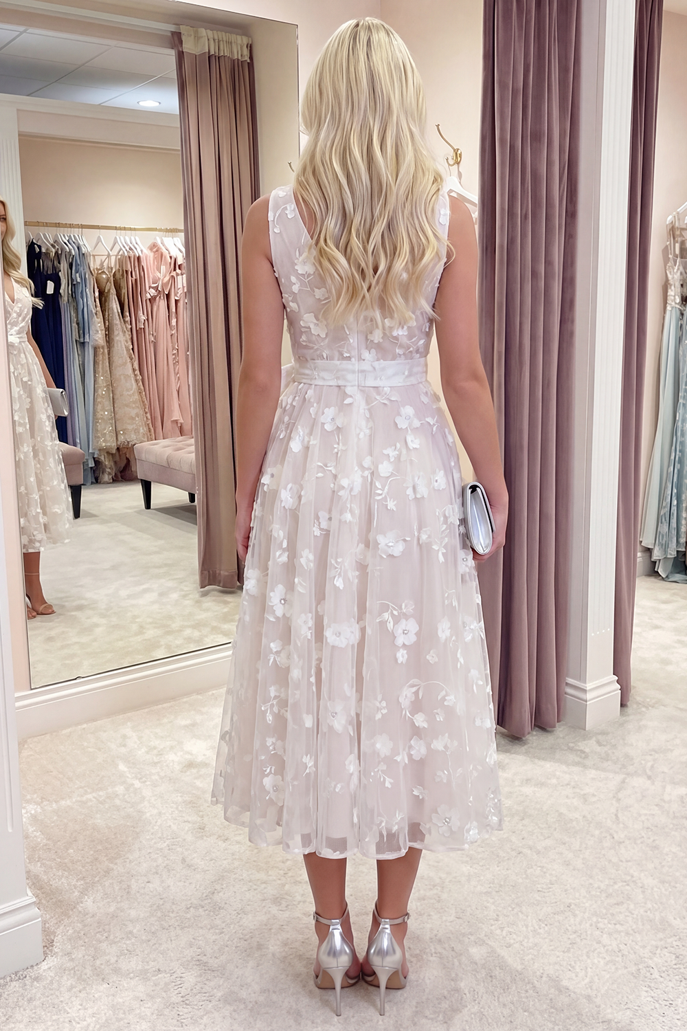 White A Line V-Neck Floral Ruched Long Prom Dress with Bow