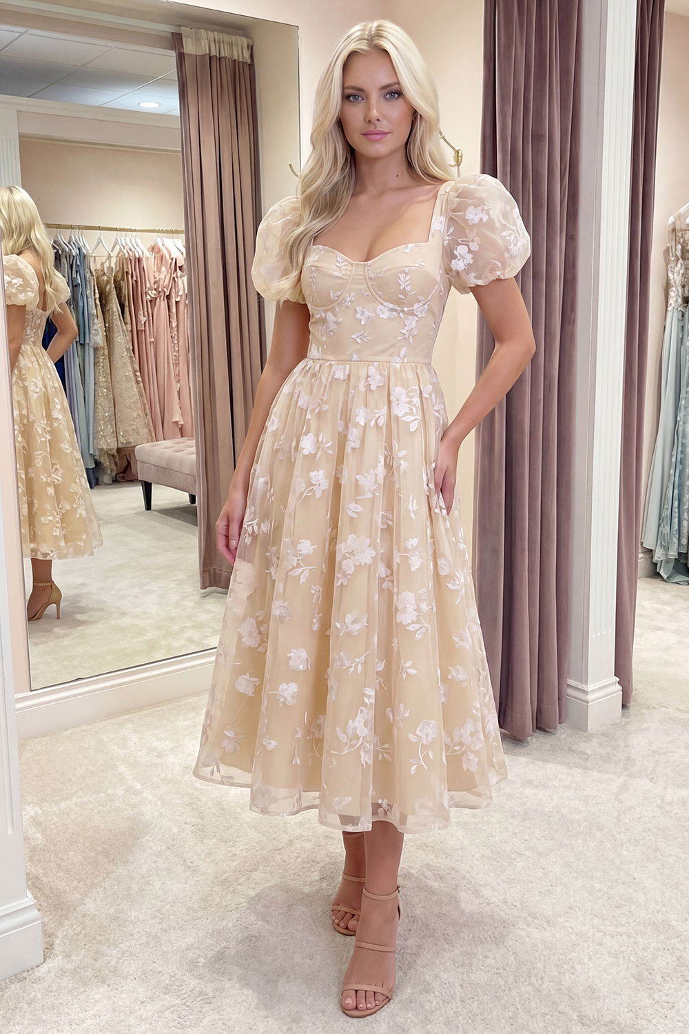 Blue Corset Floral Puff Sleeves A Line Long Prom Dress