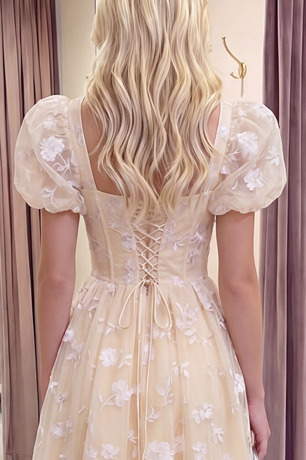 Blue Corset Floral Puff Sleeves A Line Long Prom Dress