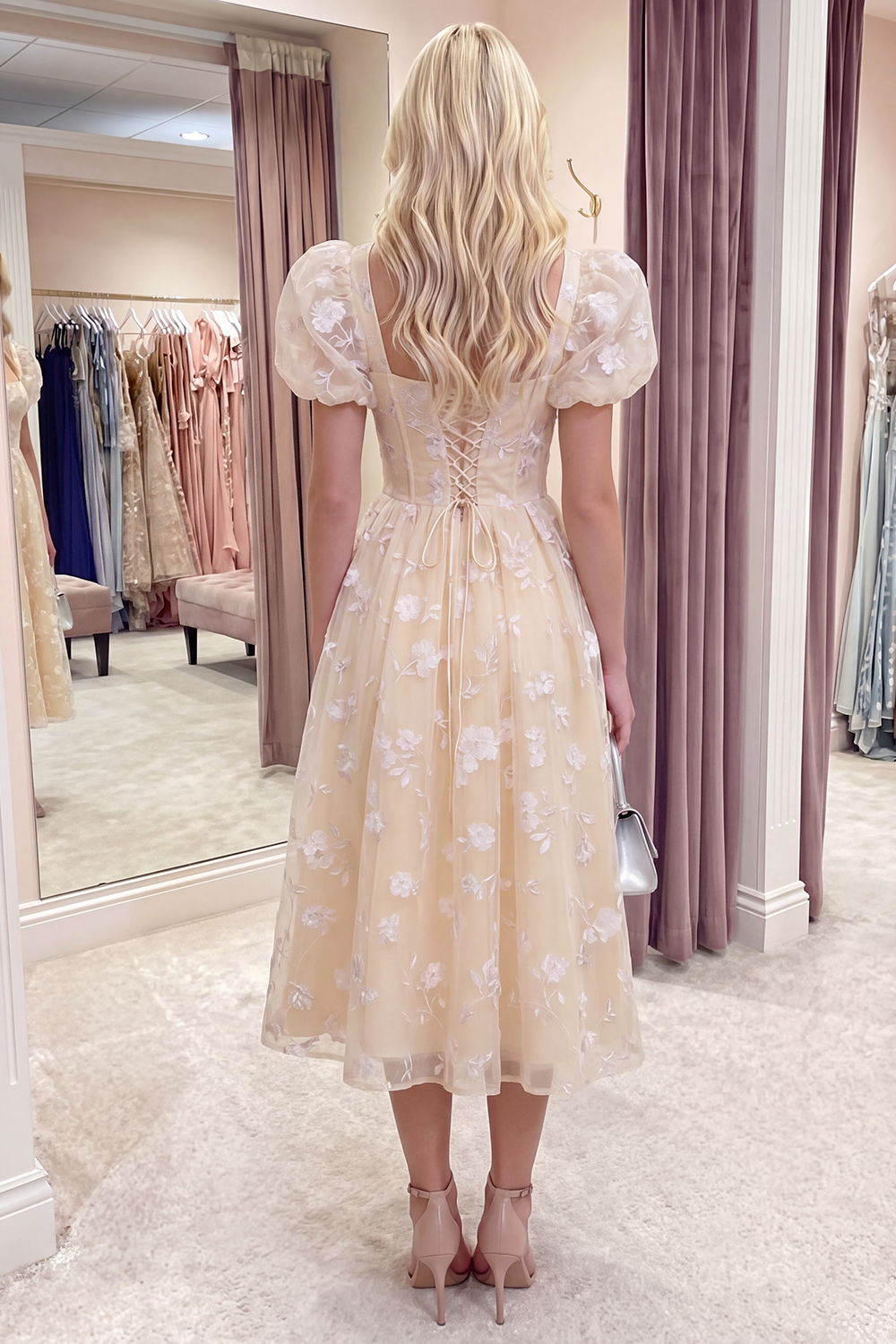 Blue Corset Floral Puff Sleeves A Line Long Prom Dress