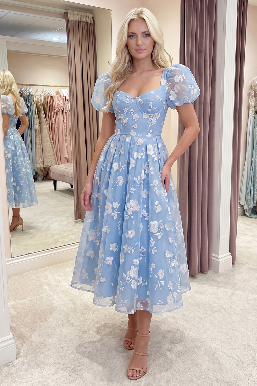Blue Corset Floral Puff Sleeves A Line Long Prom Dress