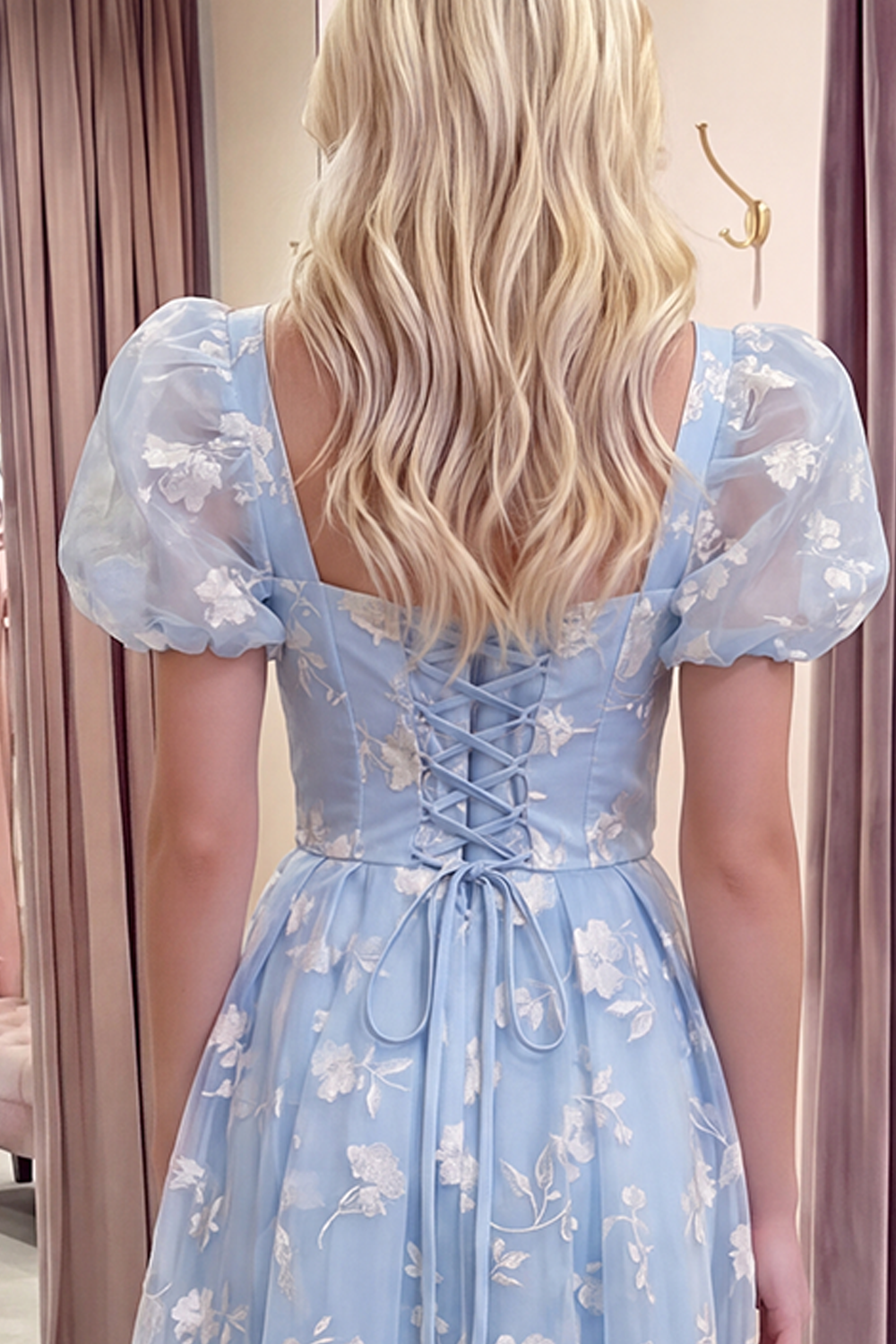 Blue Corset Floral Puff Sleeves A Line Long Prom Dress