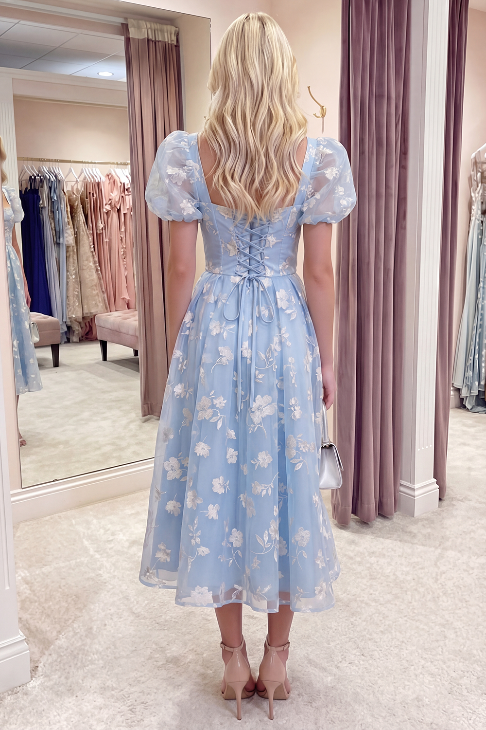 Blue Corset Floral Puff Sleeves A Line Long Prom Dress