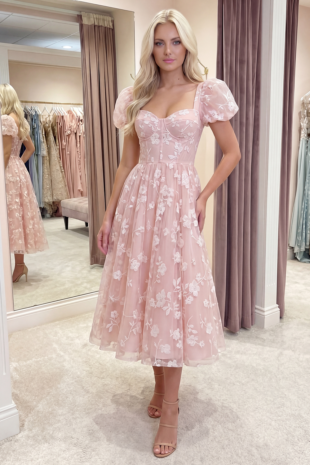 Blue Corset Floral Puff Sleeves A Line Long Prom Dress