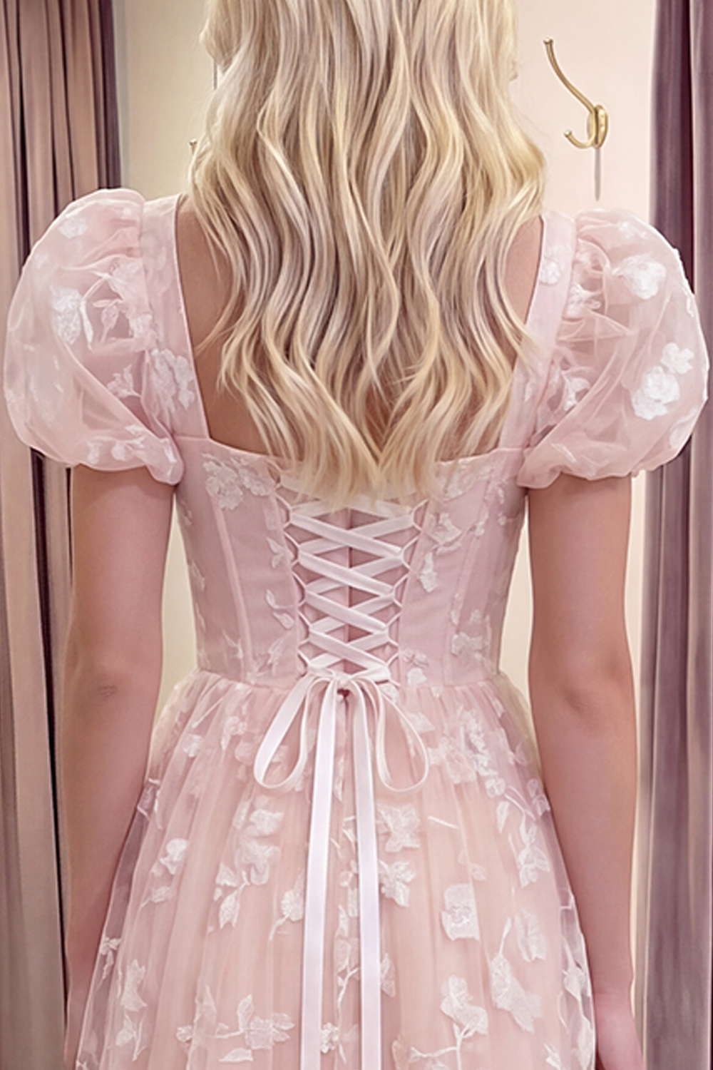 Blue Corset Floral Puff Sleeves A Line Long Prom Dress