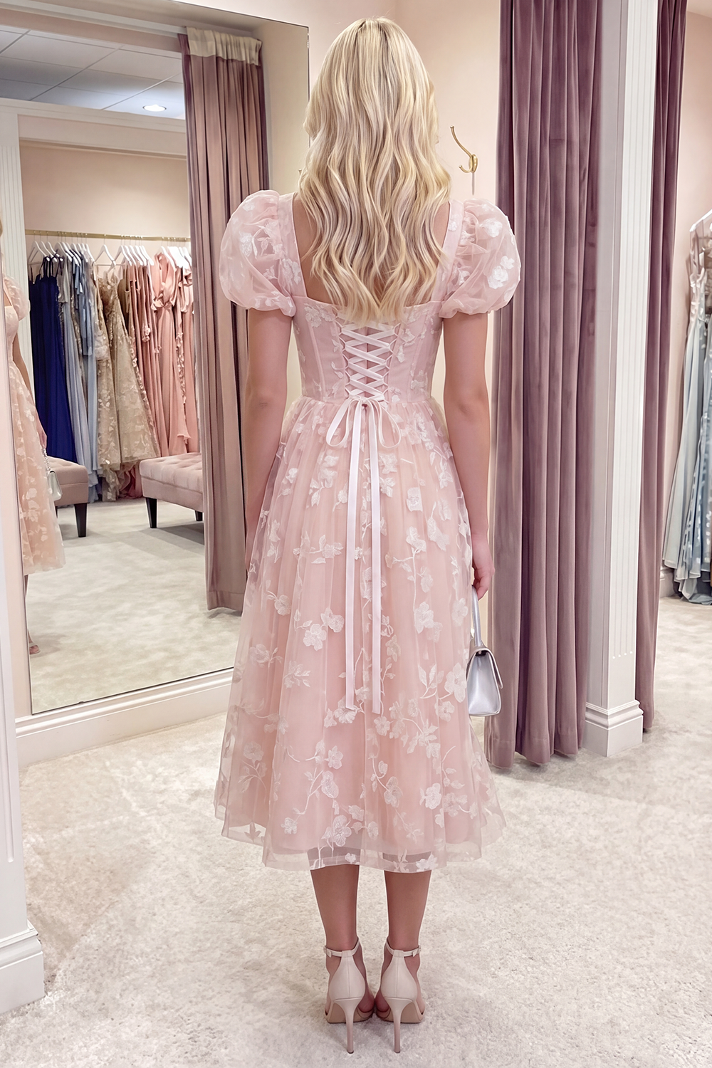 Blue Corset Floral Puff Sleeves A Line Long Prom Dress