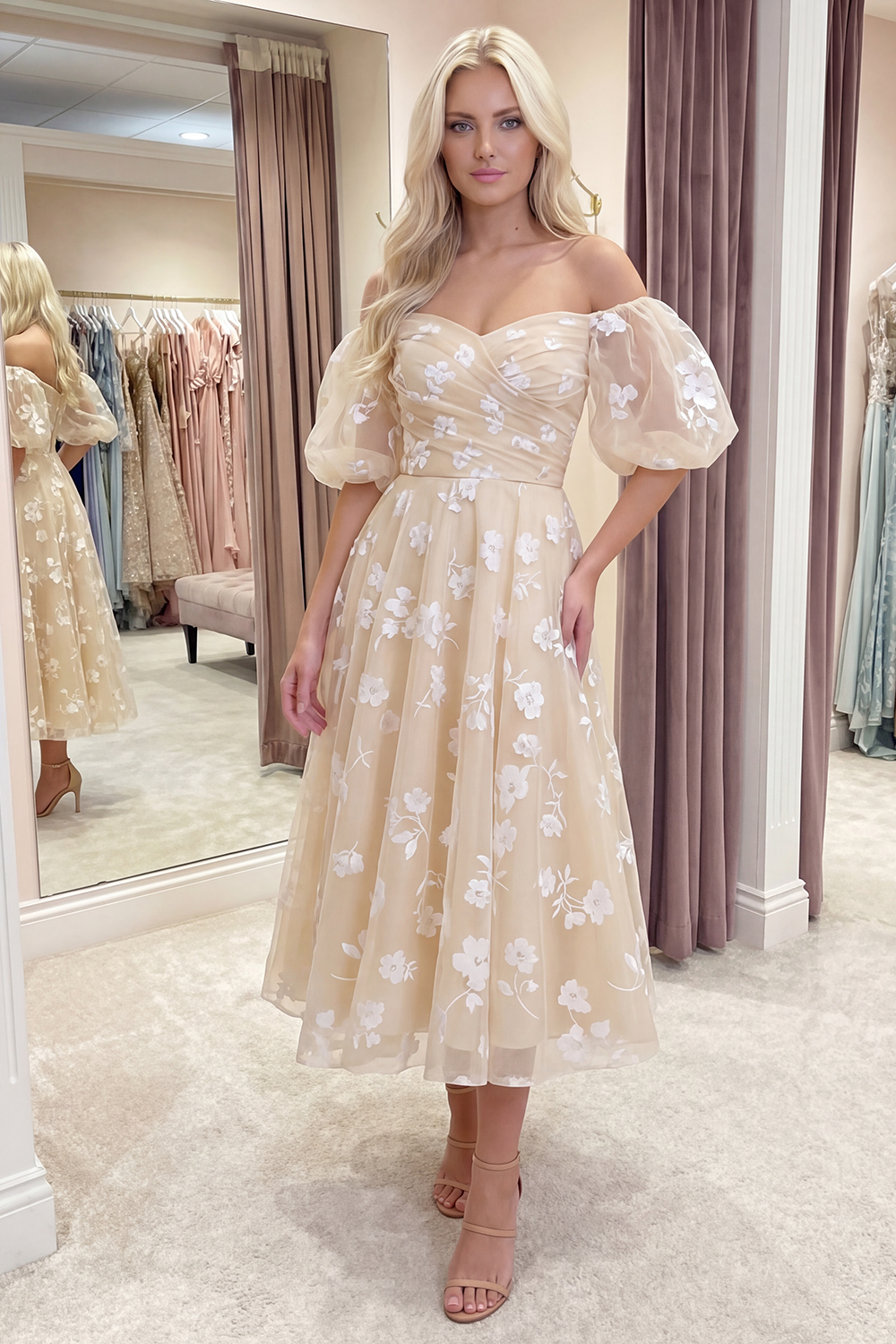 Blue Puff Sleeves A Line Floral Ruched Long Prom Dress