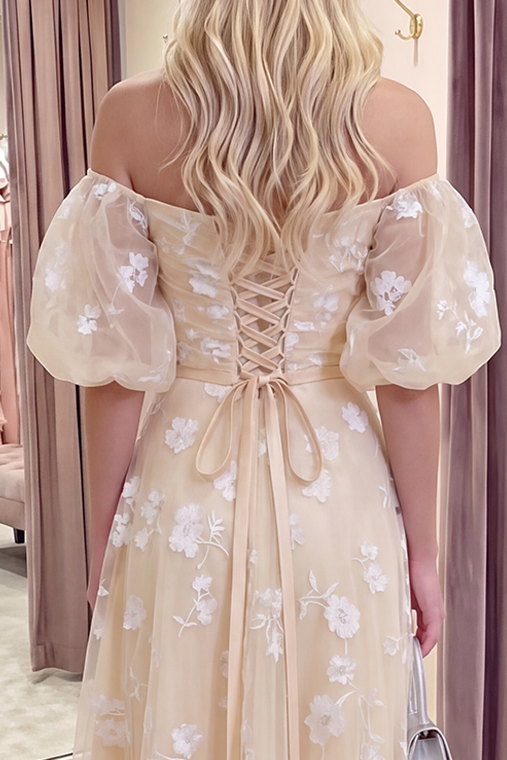 Blue Puff Sleeves A Line Floral Ruched Long Prom Dress