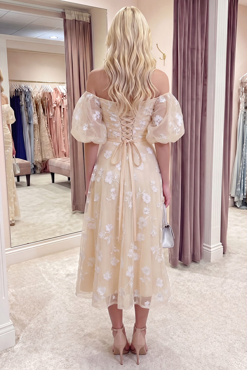 Blue Puff Sleeves A Line Floral Ruched Long Prom Dress