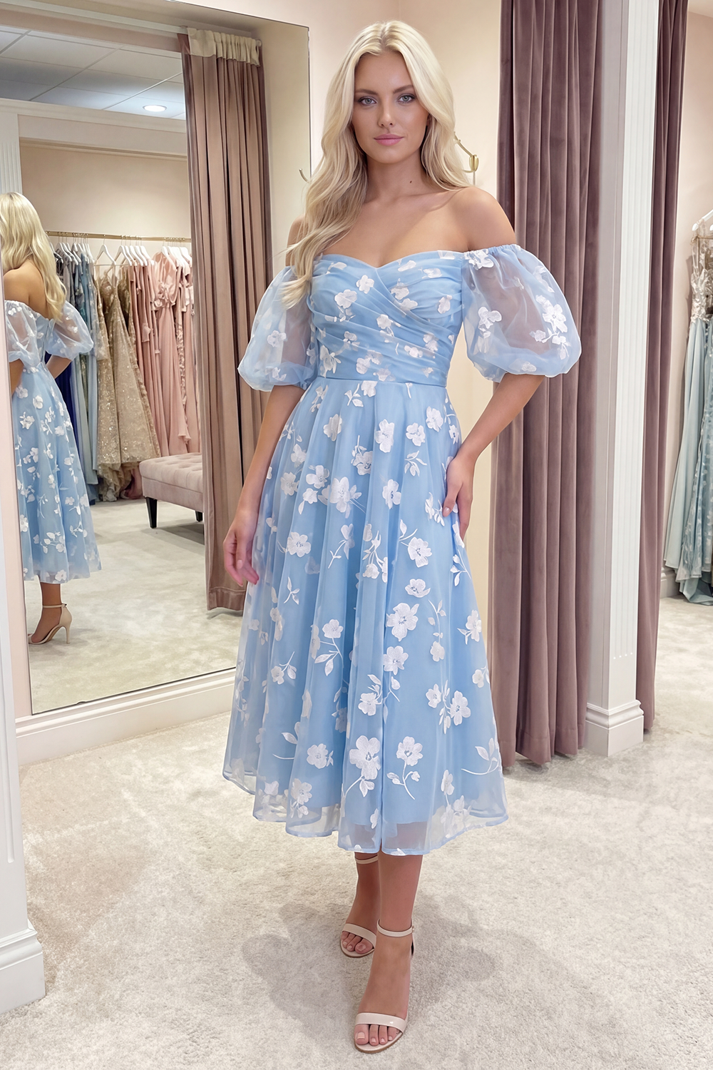 Blue Puff Sleeves A Line Floral Ruched Long Prom Dress
