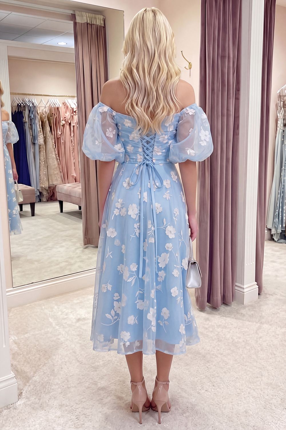 Blue Puff Sleeves A Line Floral Ruched Long Prom Dress
