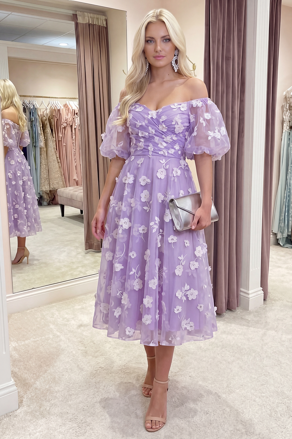 Blue Puff Sleeves A Line Floral Ruched Long Prom Dress