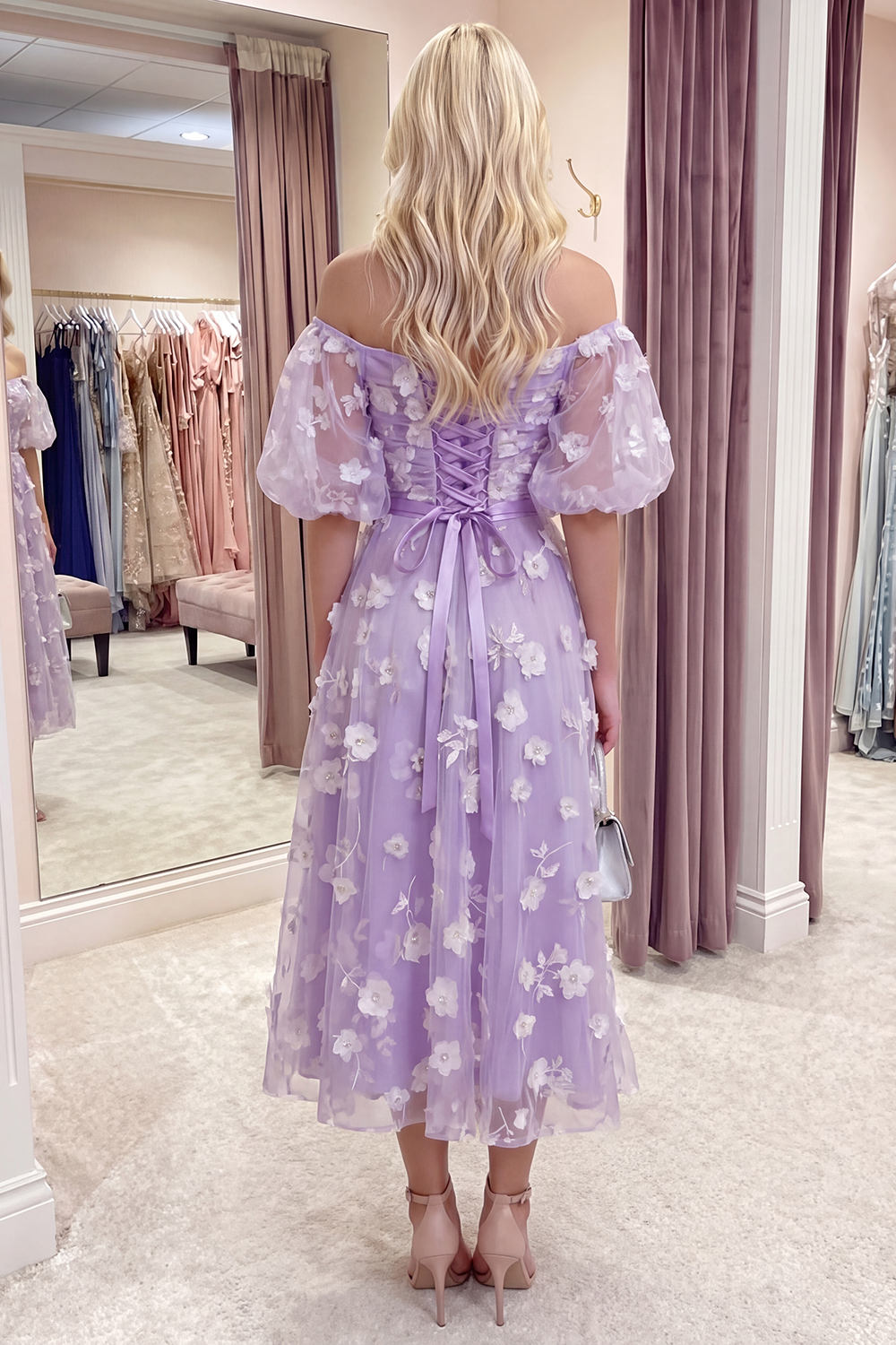 Blue Puff Sleeves A Line Floral Ruched Long Prom Dress