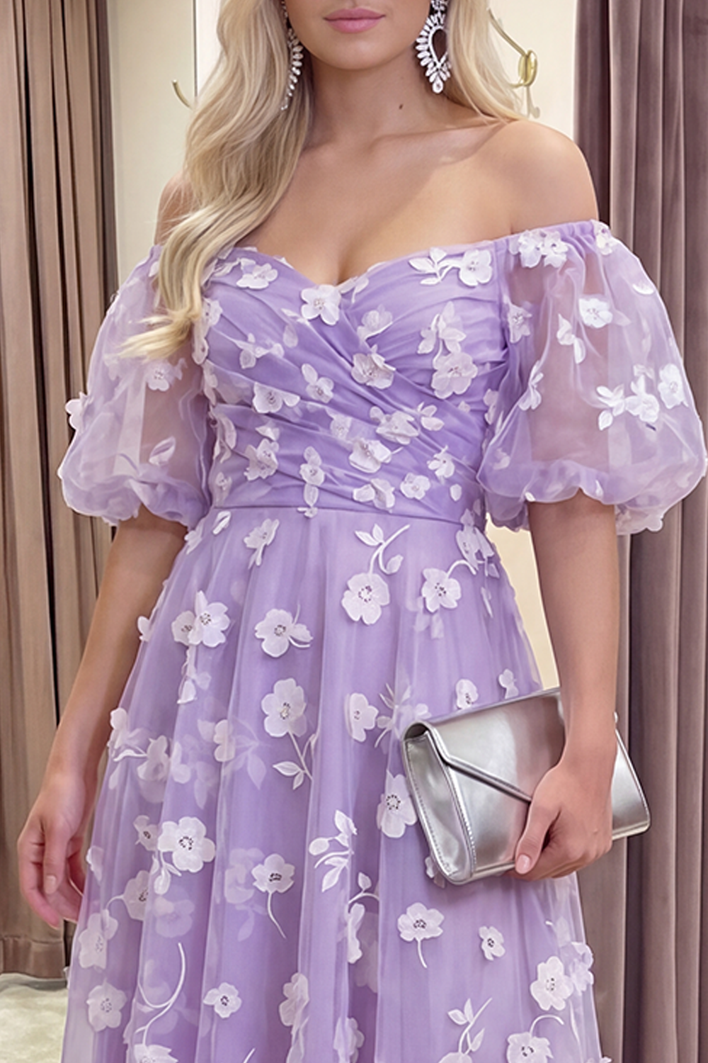 Blue Puff Sleeves A Line Floral Ruched Long Prom Dress
