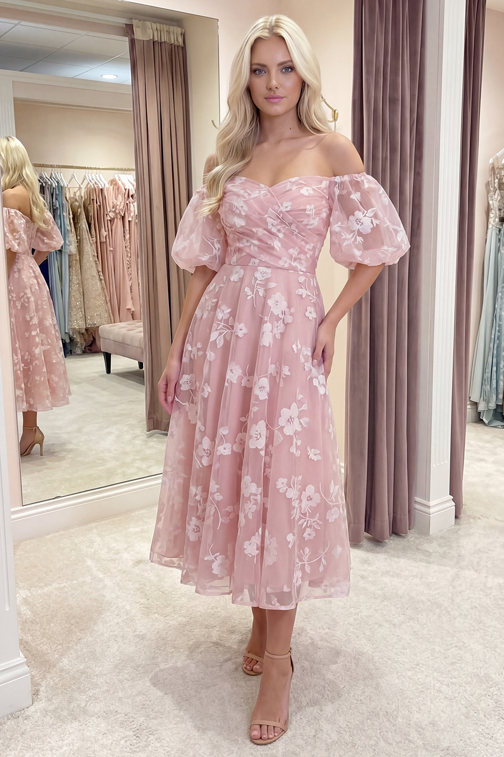 Blue Puff Sleeves A Line Floral Ruched Long Prom Dress