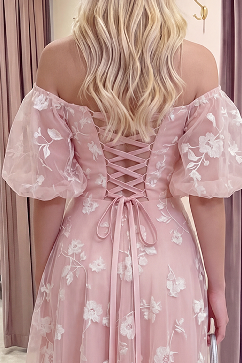 Blue Puff Sleeves A Line Floral Ruched Long Prom Dress