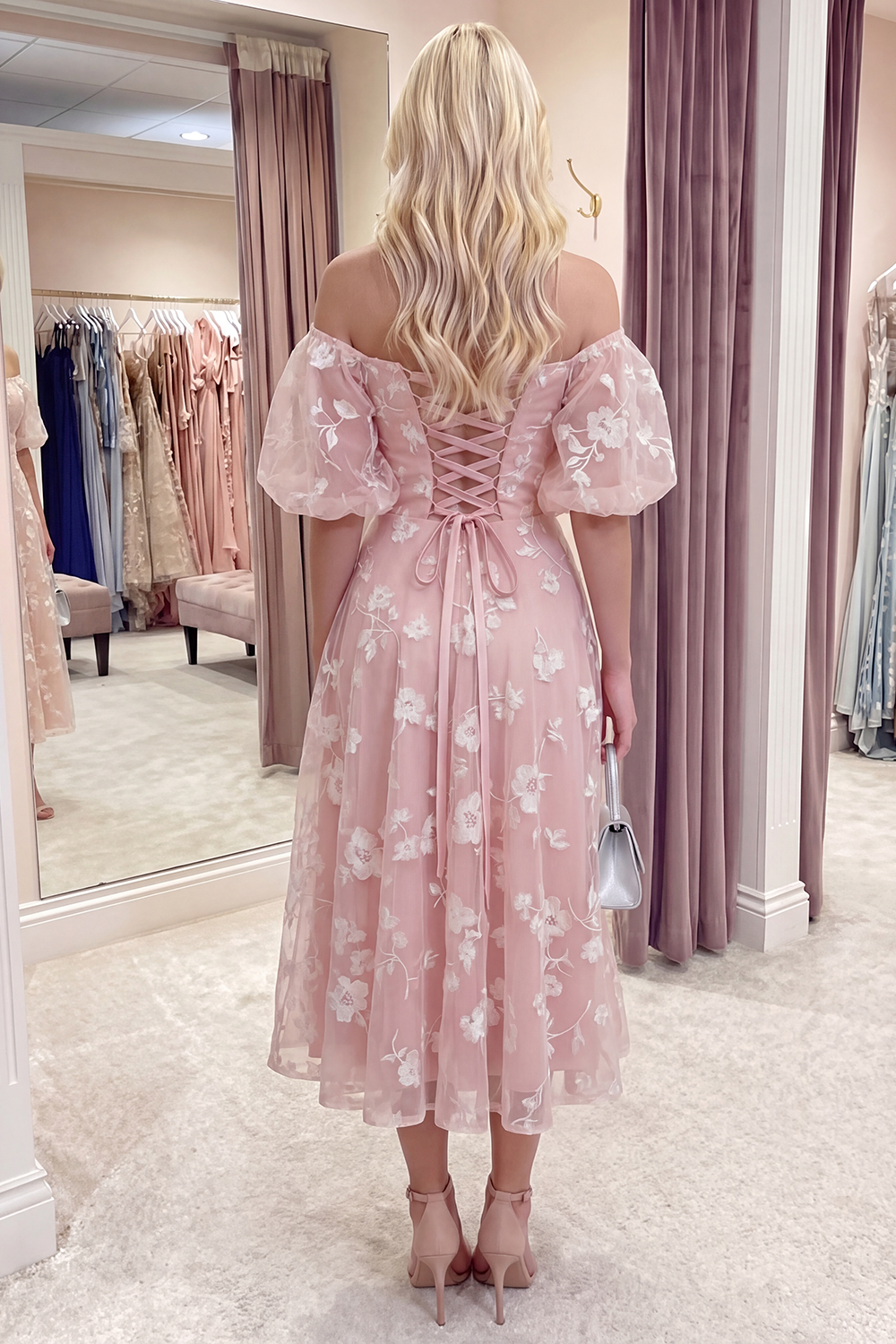 Blue Puff Sleeves A Line Floral Ruched Long Prom Dress