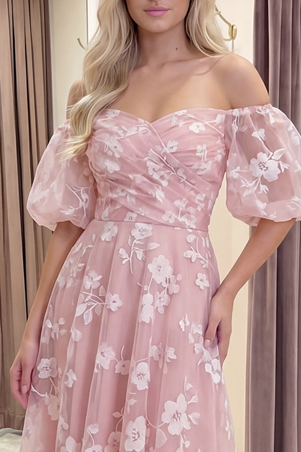 Blue Puff Sleeves A Line Floral Ruched Long Prom Dress