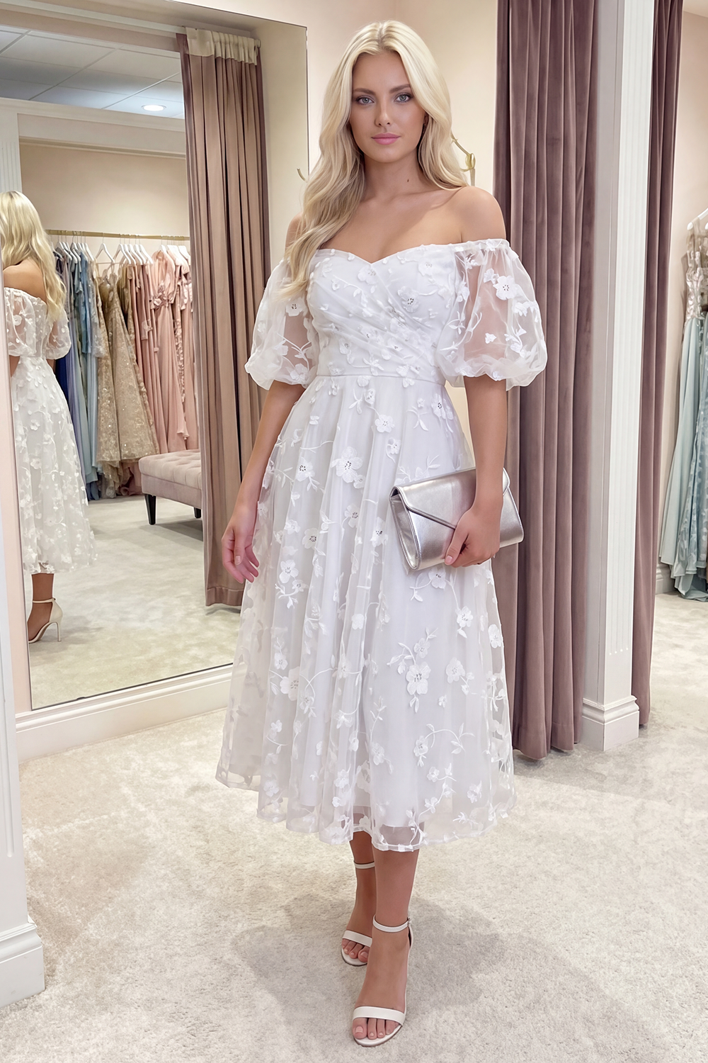 Blue Puff Sleeves A Line Floral Ruched Long Prom Dress