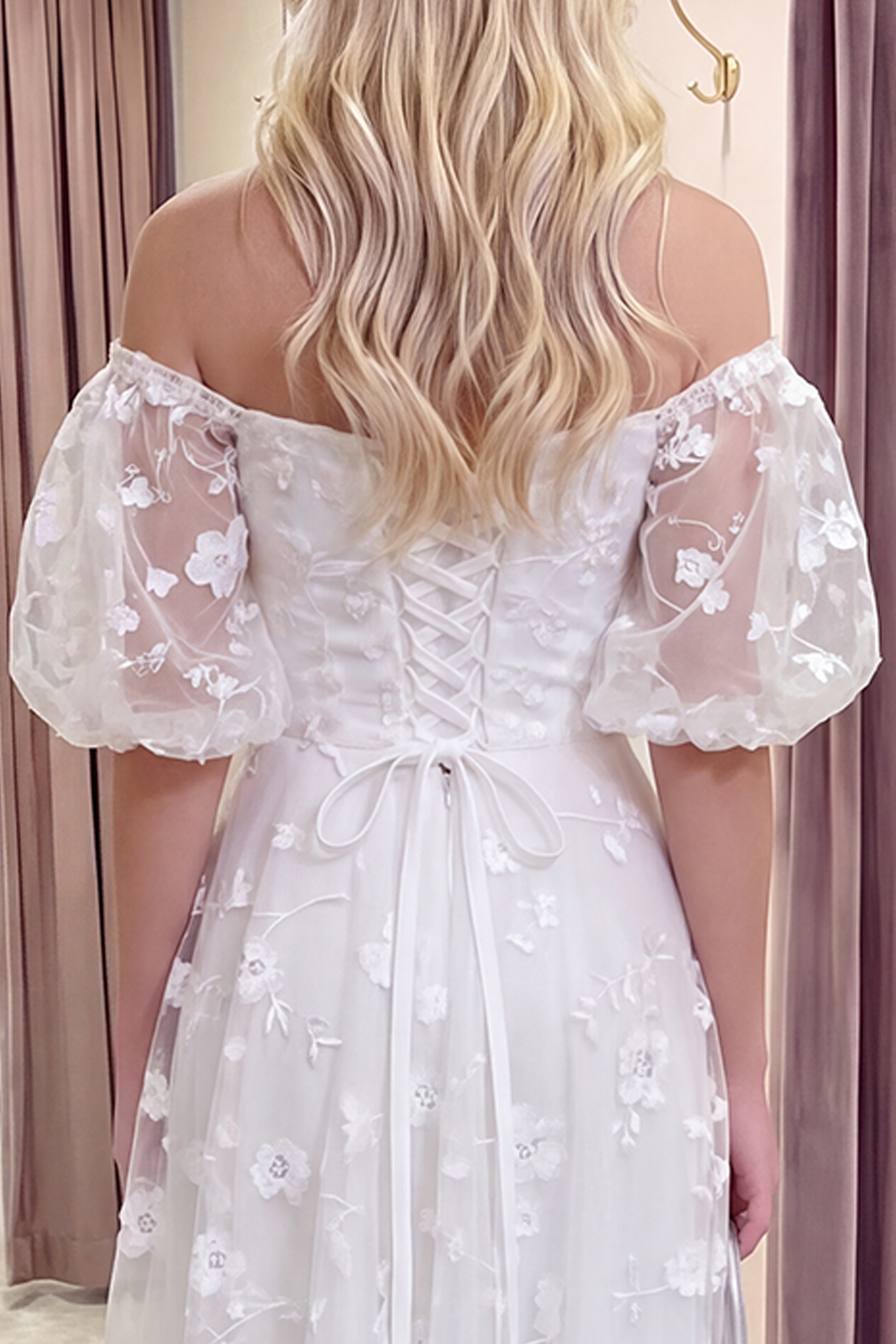 Blue Puff Sleeves A Line Floral Ruched Long Prom Dress