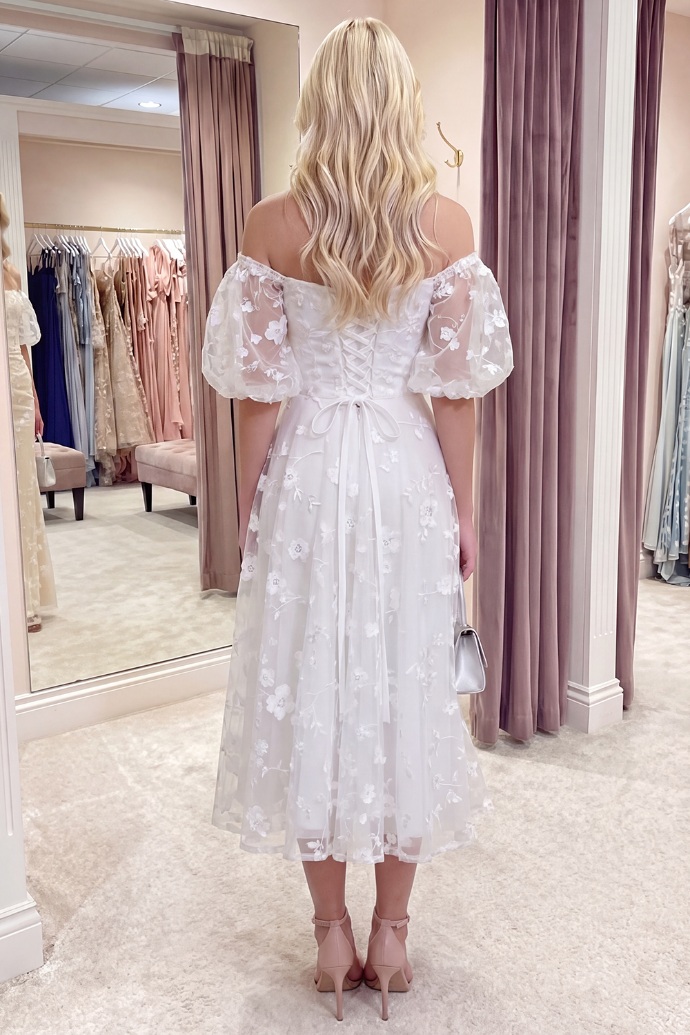 Blue Puff Sleeves A Line Floral Ruched Long Prom Dress