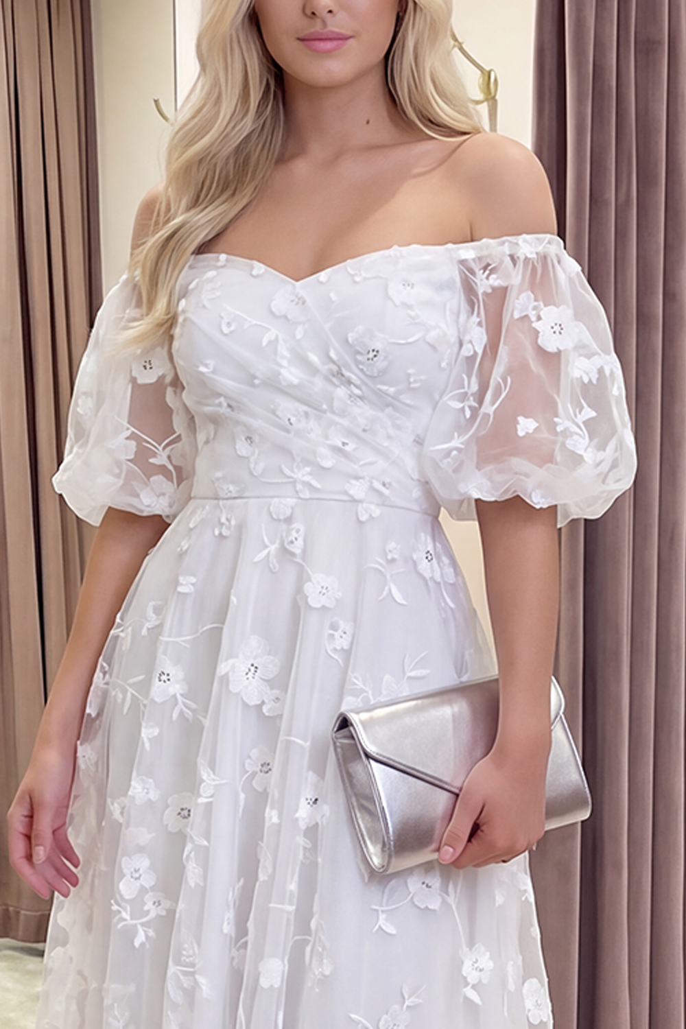 Blue Puff Sleeves A Line Floral Ruched Long Prom Dress