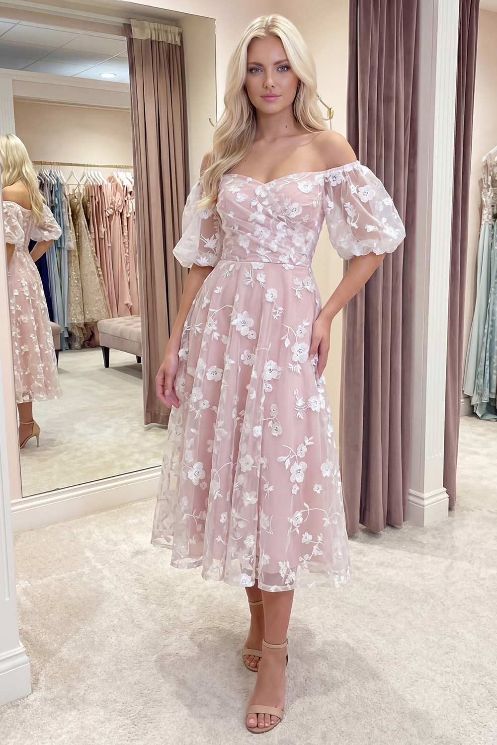 Blue Puff Sleeves A Line Floral Ruched Long Prom Dress