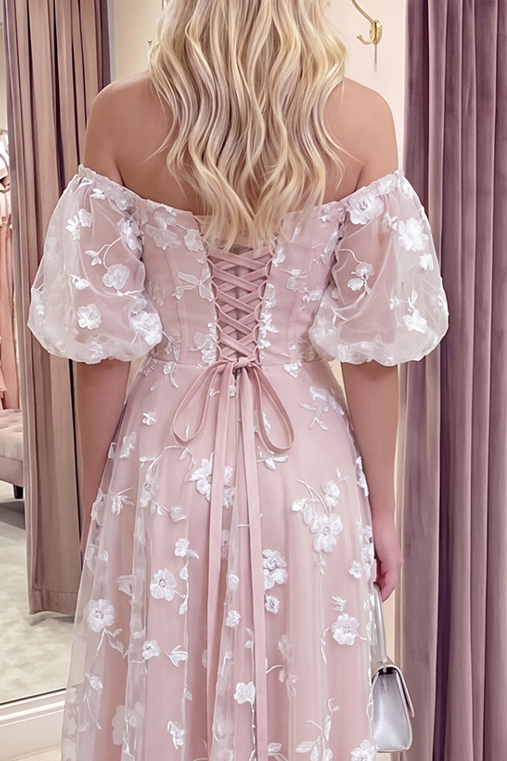 Blue Puff Sleeves A Line Floral Ruched Long Prom Dress