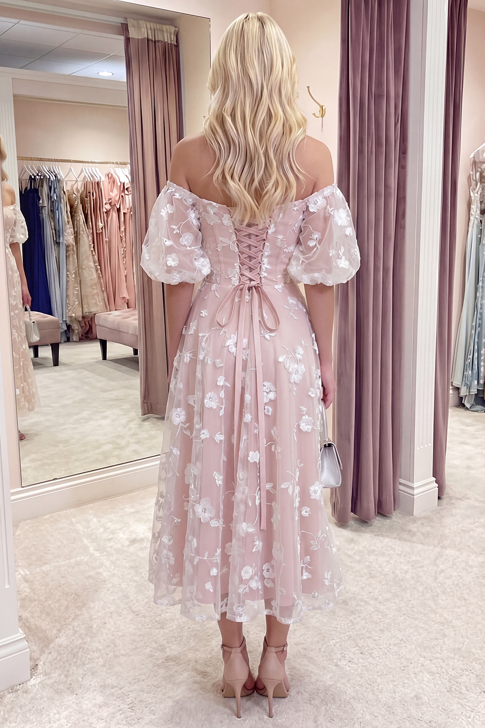 Blue Puff Sleeves A Line Floral Ruched Long Prom Dress