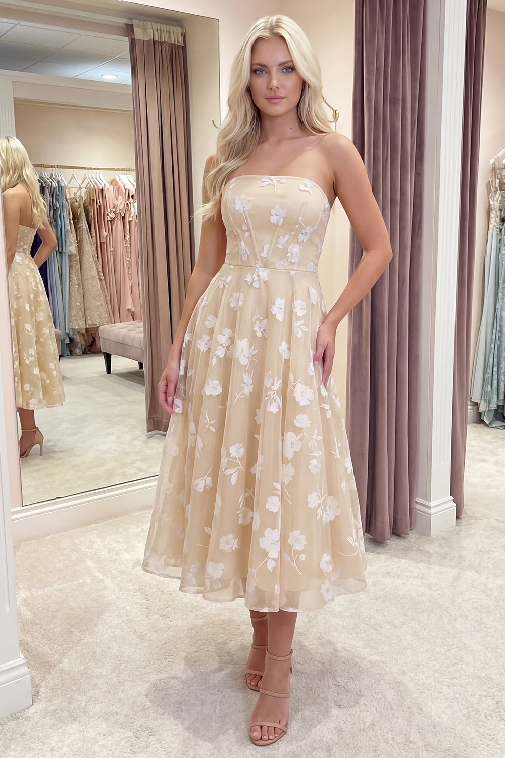 Lilac Strapless Corset A Line Floral Long Prom Dress