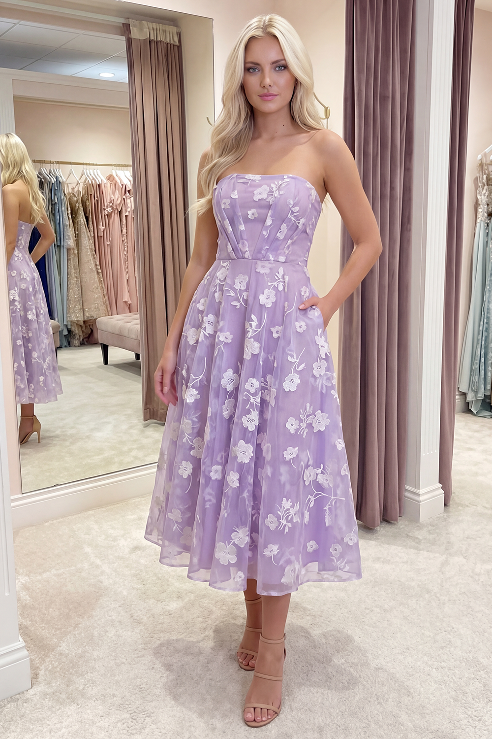 Lilac Strapless Corset A Line Floral Long Prom Dress