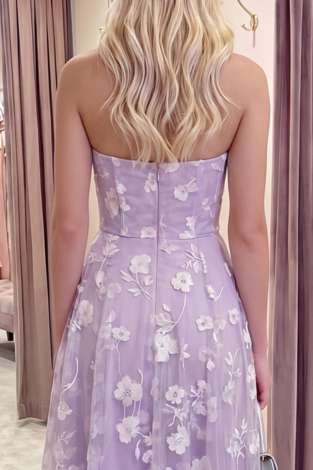 Lilac Strapless Corset A Line Floral Long Prom Dress