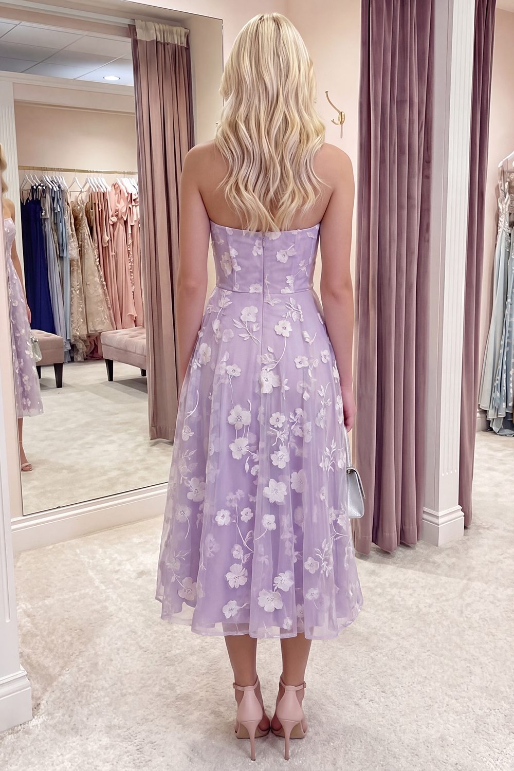 Lilac Strapless Corset A Line Floral Long Prom Dress