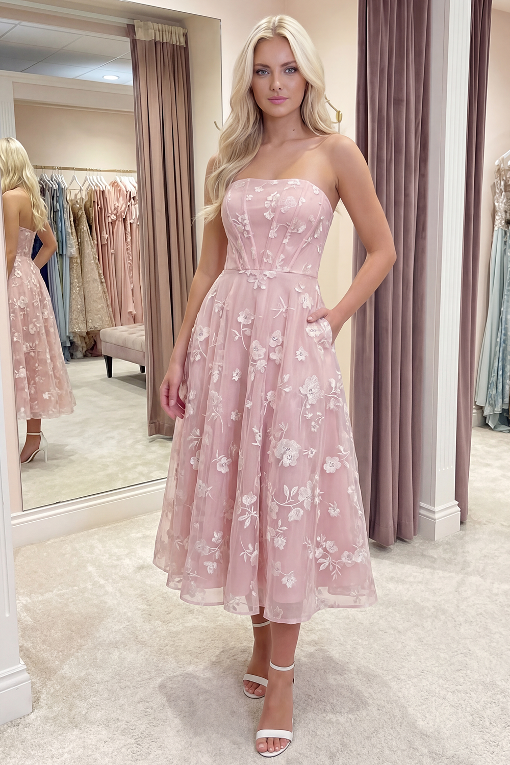 Lilac Strapless Corset A Line Floral Long Prom Dress