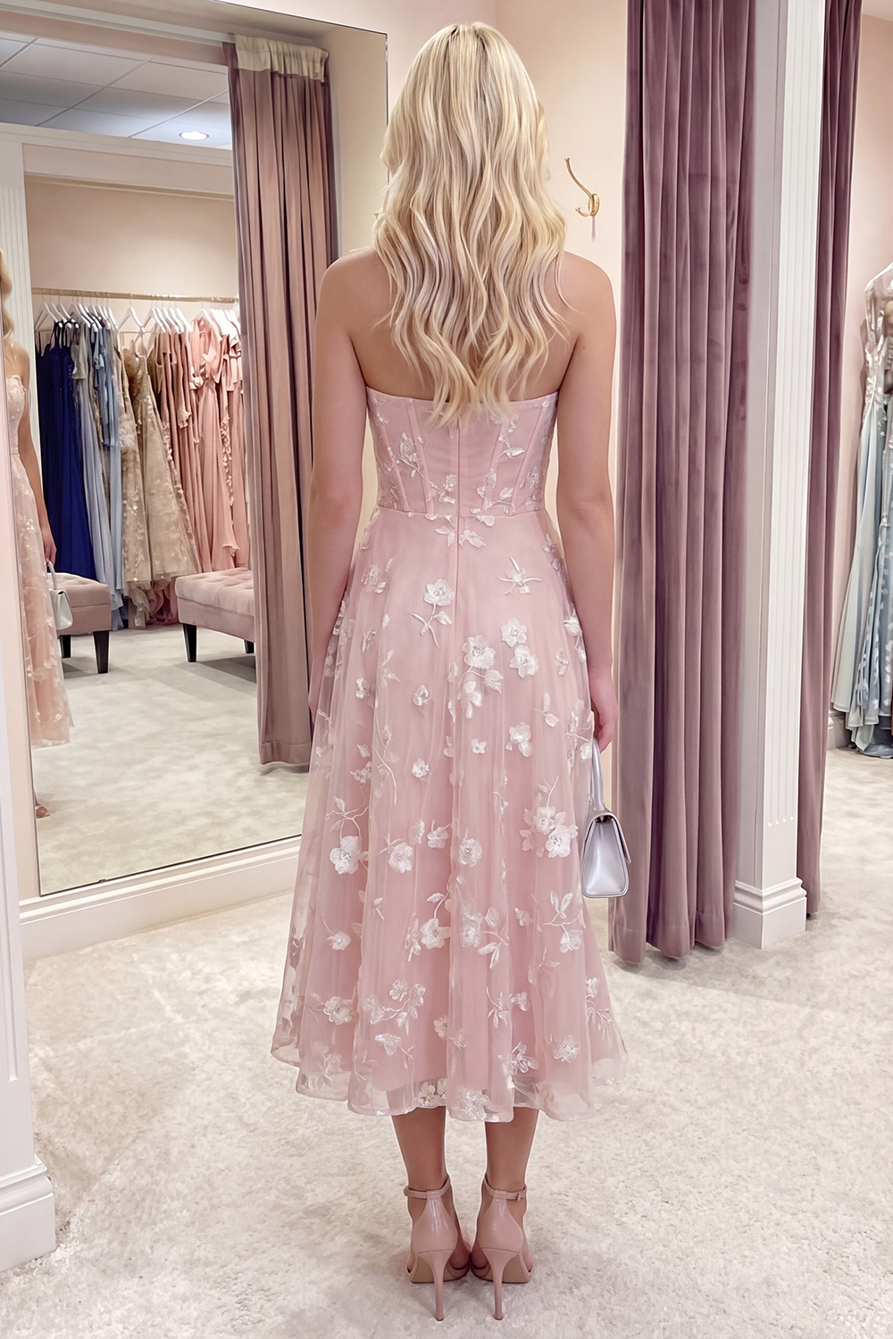 Lilac Strapless Corset A Line Floral Long Prom Dress