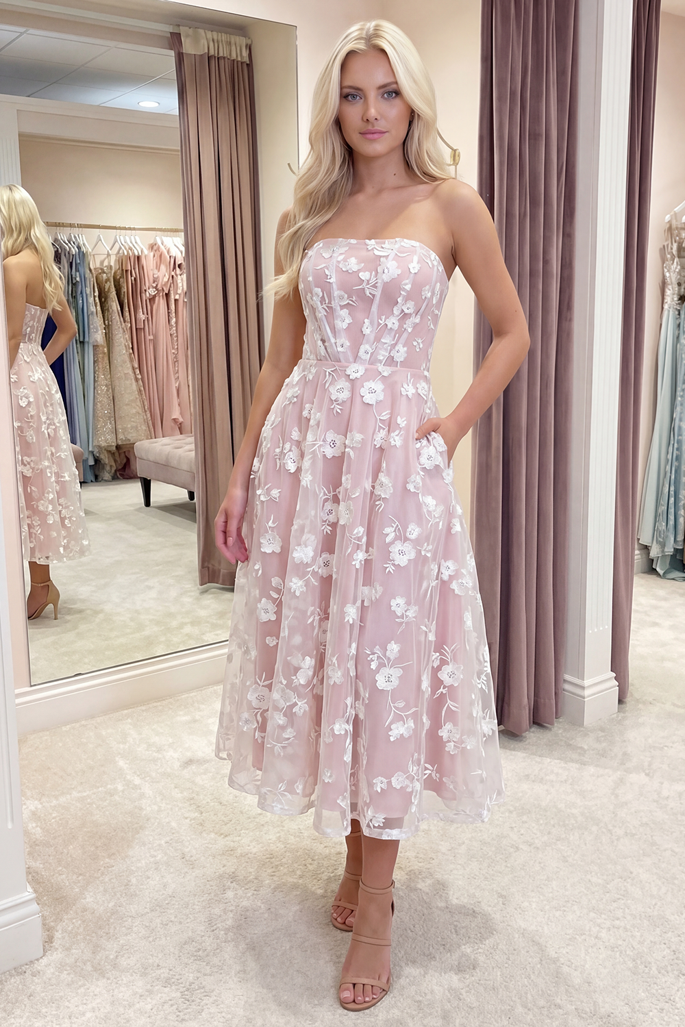 Lilac Strapless Corset A Line Floral Long Prom Dress