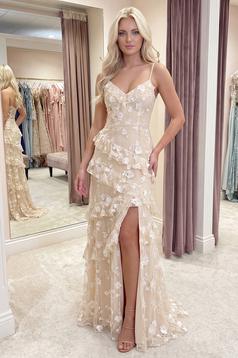 Apricot Spaghetti Straps A Line Floral Long Prom Dress with Ruffles