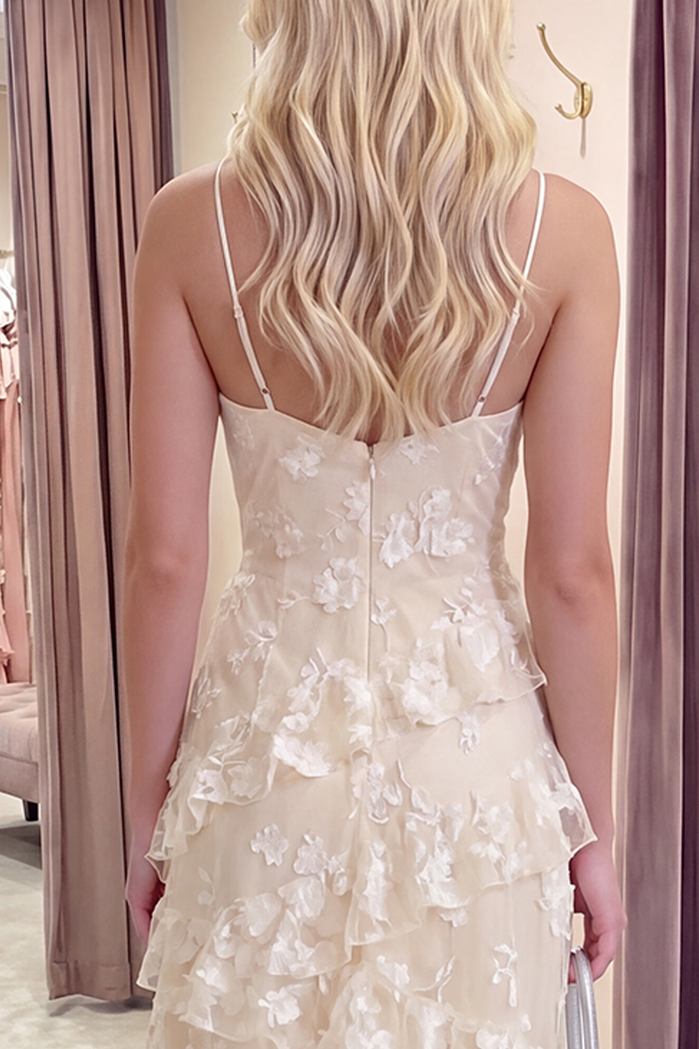 Apricot Spaghetti Straps A Line Floral Long Prom Dress with Ruffles