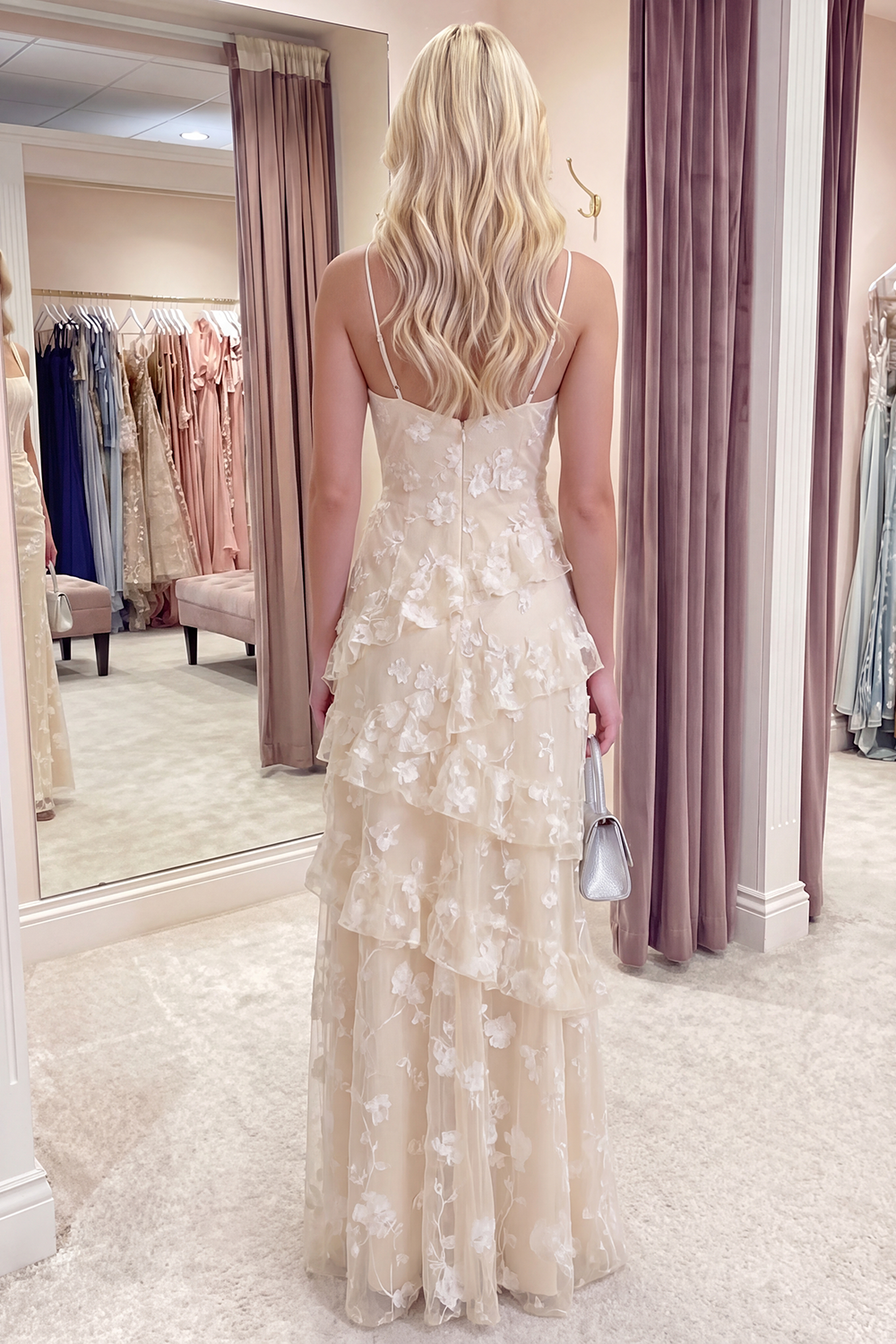 Apricot Spaghetti Straps A Line Floral Long Prom Dress with Ruffles