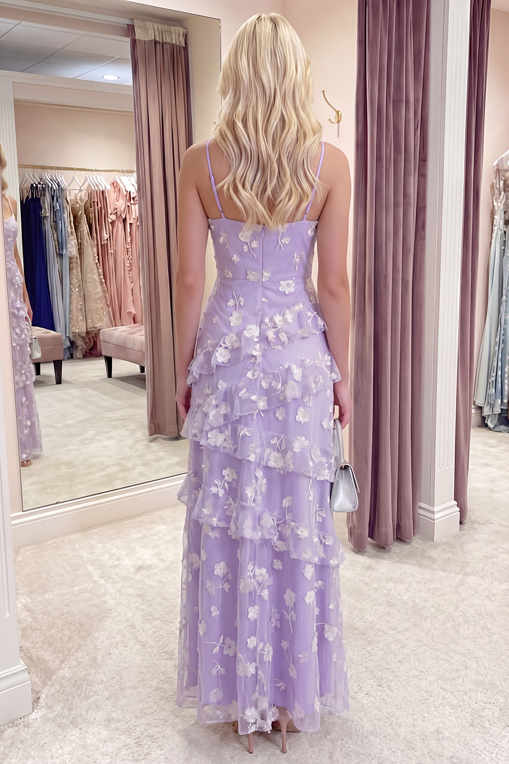 Apricot Spaghetti Straps A Line Floral Long Prom Dress with Ruffles