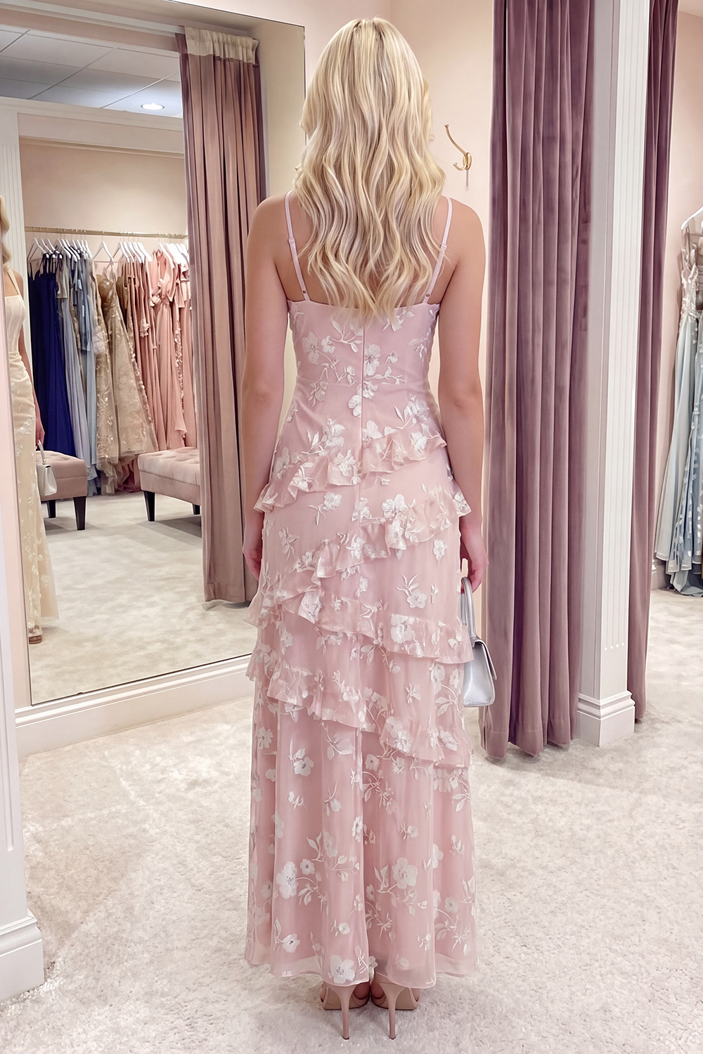 Apricot Spaghetti Straps A Line Floral Long Prom Dress with Ruffles