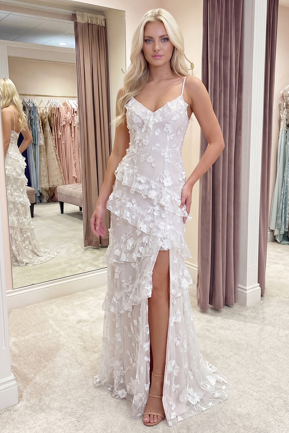 Apricot Spaghetti Straps A Line Floral Long Prom Dress with Ruffles