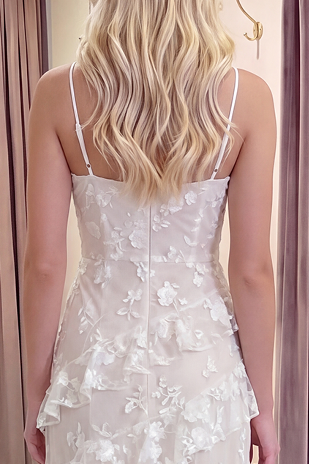 Apricot Spaghetti Straps A Line Floral Long Prom Dress with Ruffles