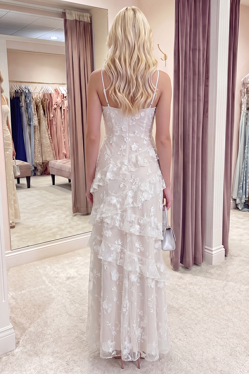 Apricot Spaghetti Straps A Line Floral Long Prom Dress with Ruffles