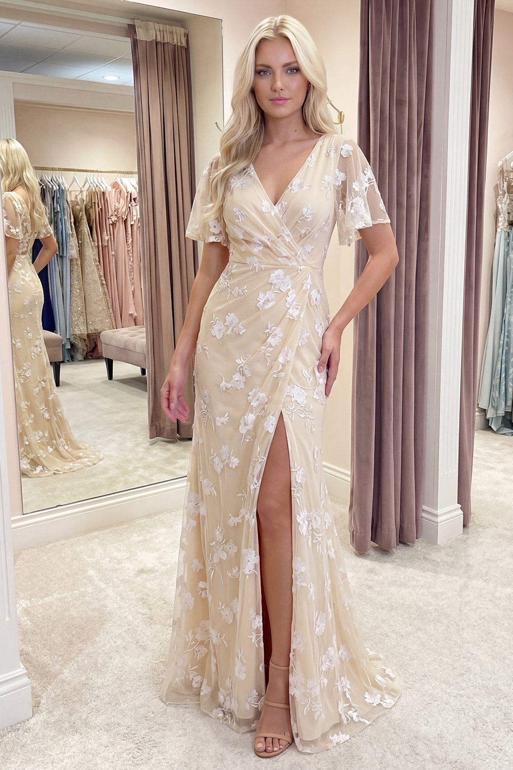 Blue Floral Flutter Sleeves Sheath Long Prom Dress with Slit