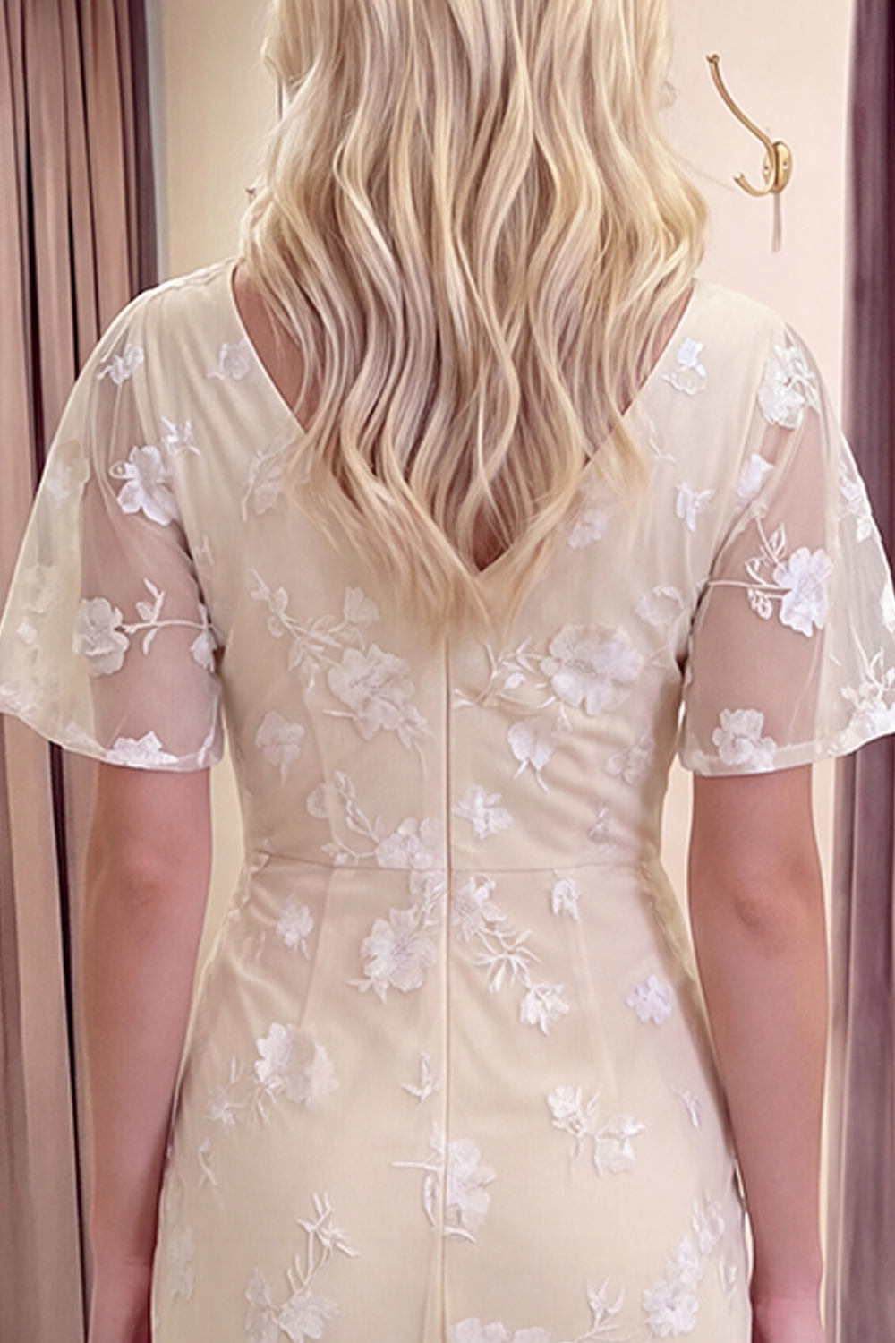 Blue Floral Flutter Sleeves Sheath Long Prom Dress with Slit