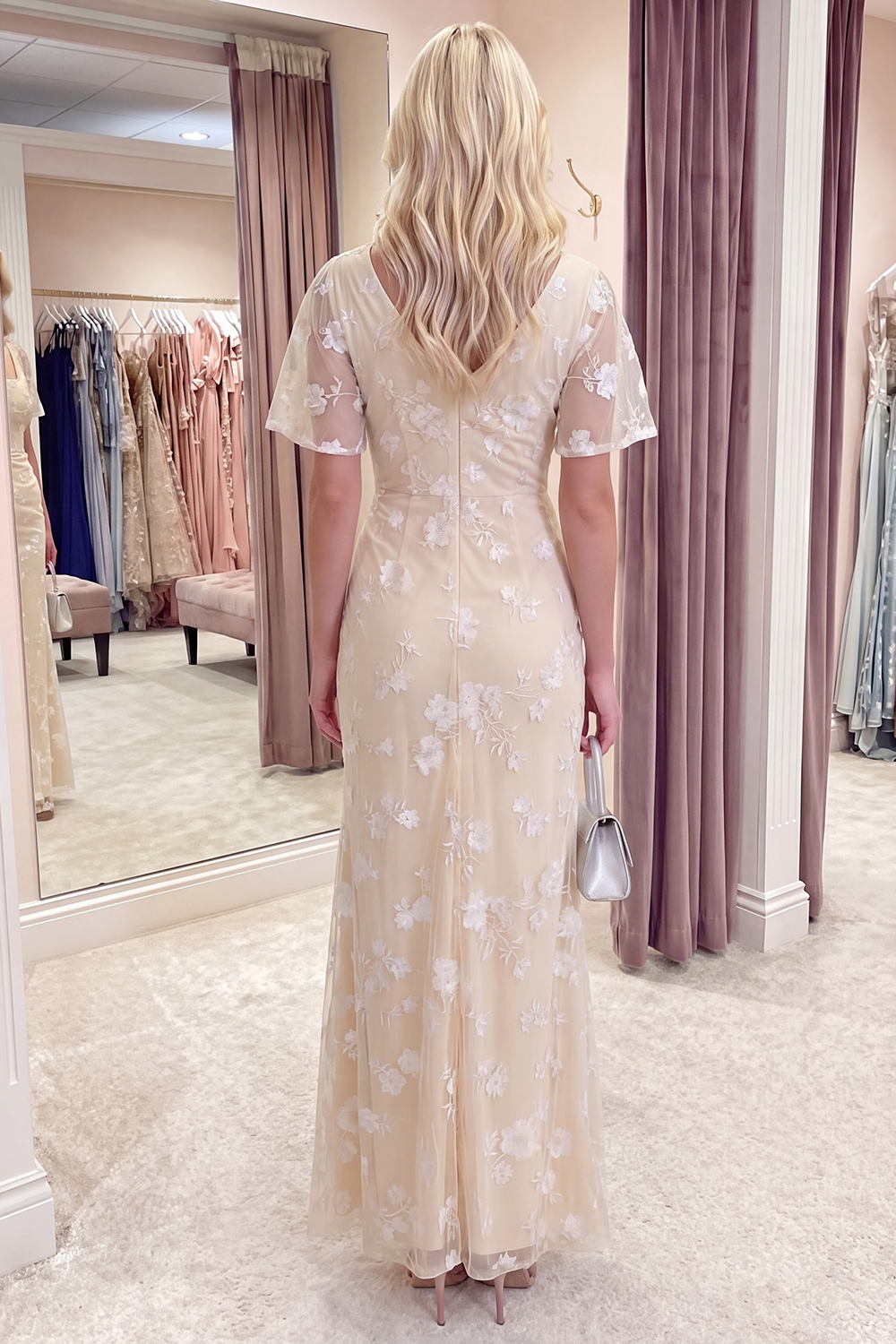 Blue Floral Flutter Sleeves Sheath Long Prom Dress with Slit