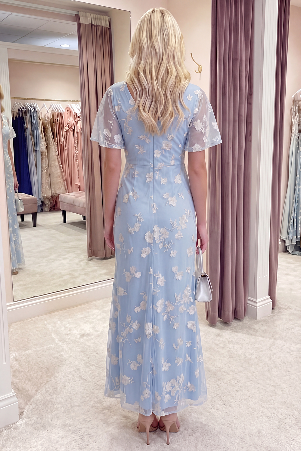 Blue Floral Flutter Sleeves Sheath Long Prom Dress with Slit