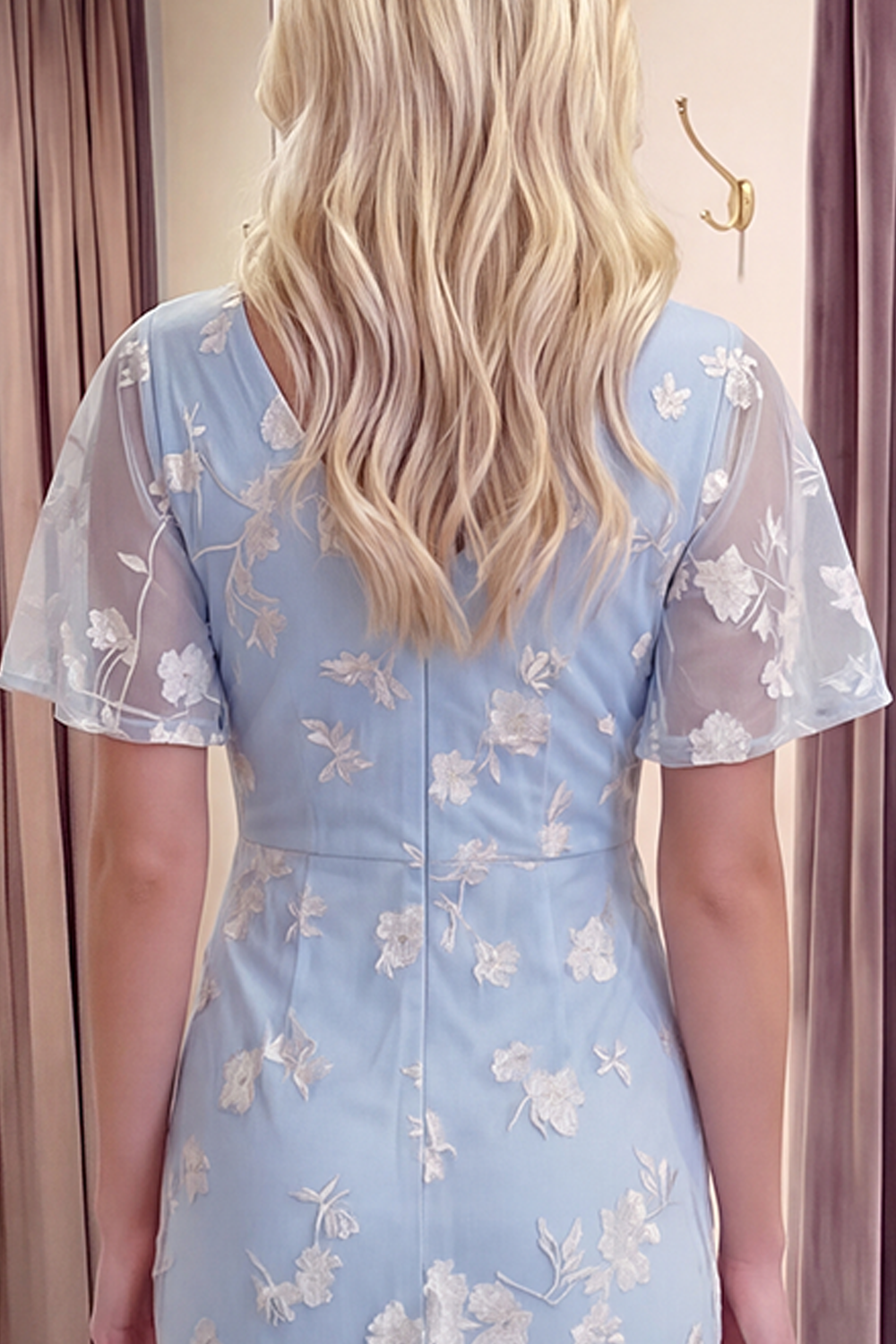 Blue Floral Flutter Sleeves Sheath Long Prom Dress with Slit